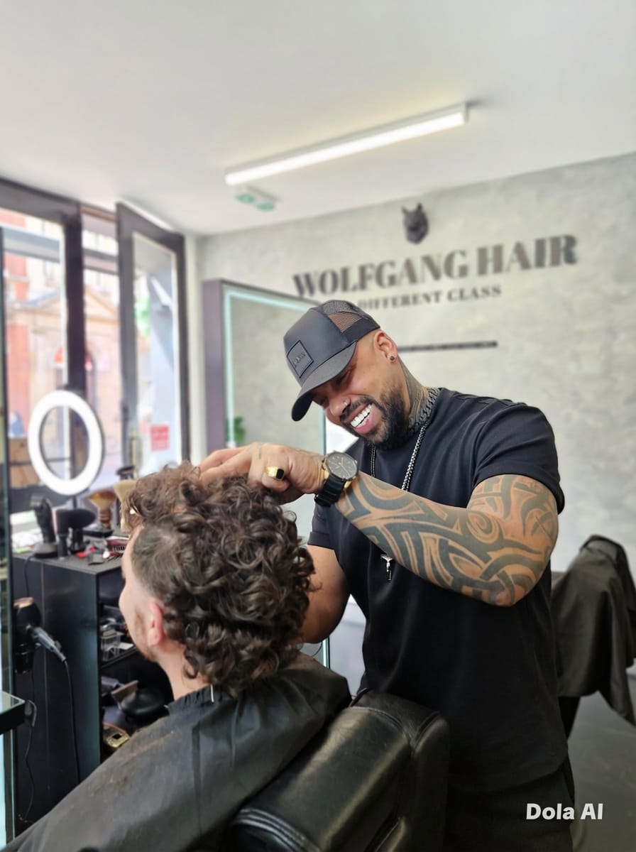 Senior barber styling curly hair at Wolfgang Hair Leicester